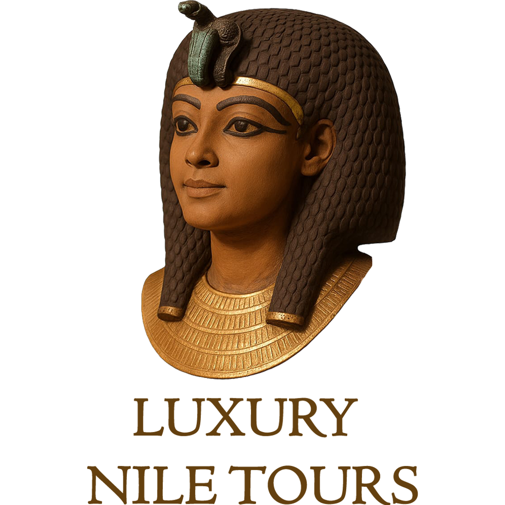 Bust of an ancient Egyptian pharaoh or queen with the text “Luxury Nile Tours.”