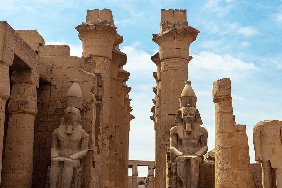"Luxor Temple complex on the east bank of the Nile in Luxor, Egypt, featuring ancient Egyptian architecture and ceremonial structures."