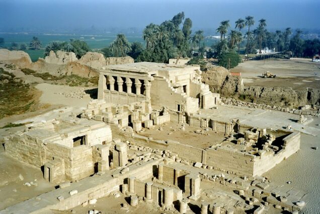 The Temple of Hathor at the Dendera Temple Complex in Egypt, featuring its monumental entrance and preserved artwork.