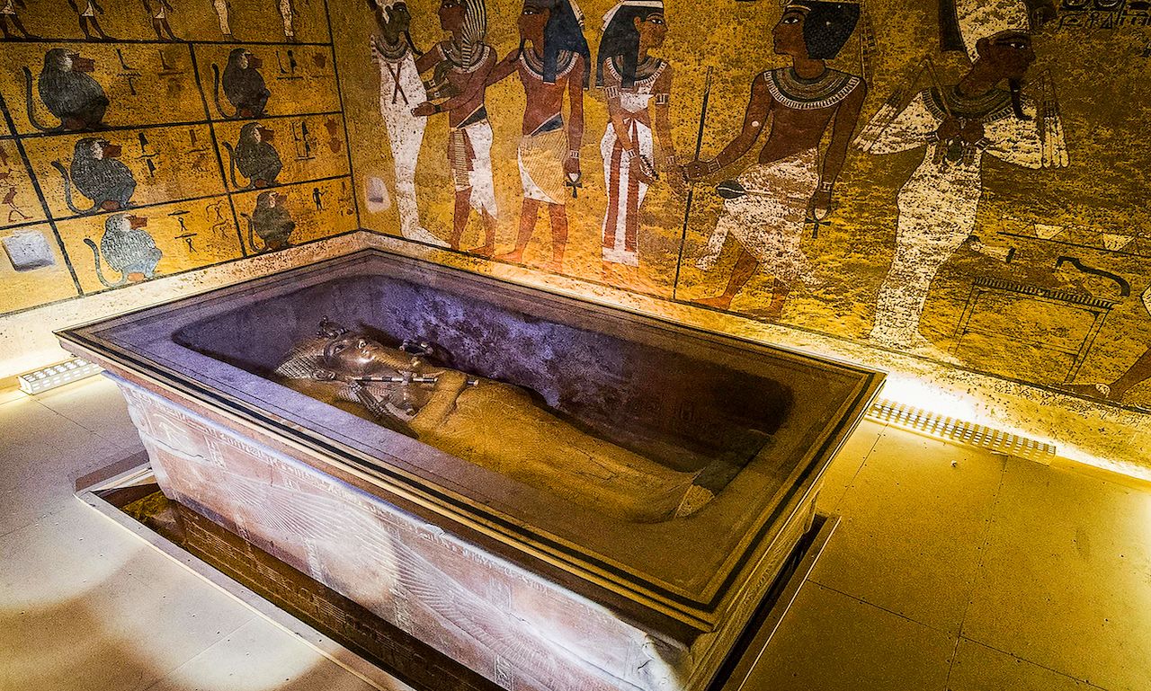 Burial chamber of Tutankhamun’s tomb in the Valley of the Kings, showing his sarcophagus within the decorated chamber.