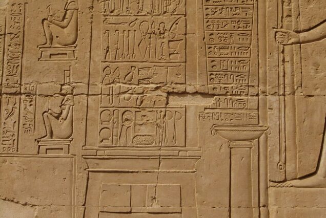 "Wall relief from the Temple of Kom Ombo, Egypt, depicting scenes related to the worship of Sobek and Haroeris and aspects of ancient Egyptian life."