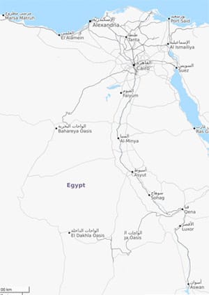 Map of Egypt showing the Nile River, delta, major cities such as Cairo, Alexandria, Luxor, and Aswan, oases like Bahariya and Dakhla, and key transport routes.