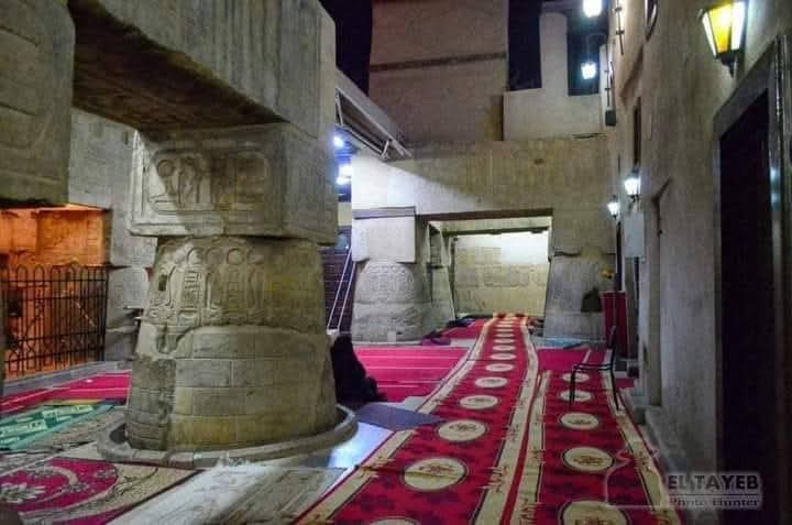 "Interior of the Abu El Haggag Mosque in Luxor, Egypt, built within the ancient Luxor Temple and incorporating Pharaonic columns into its structure."